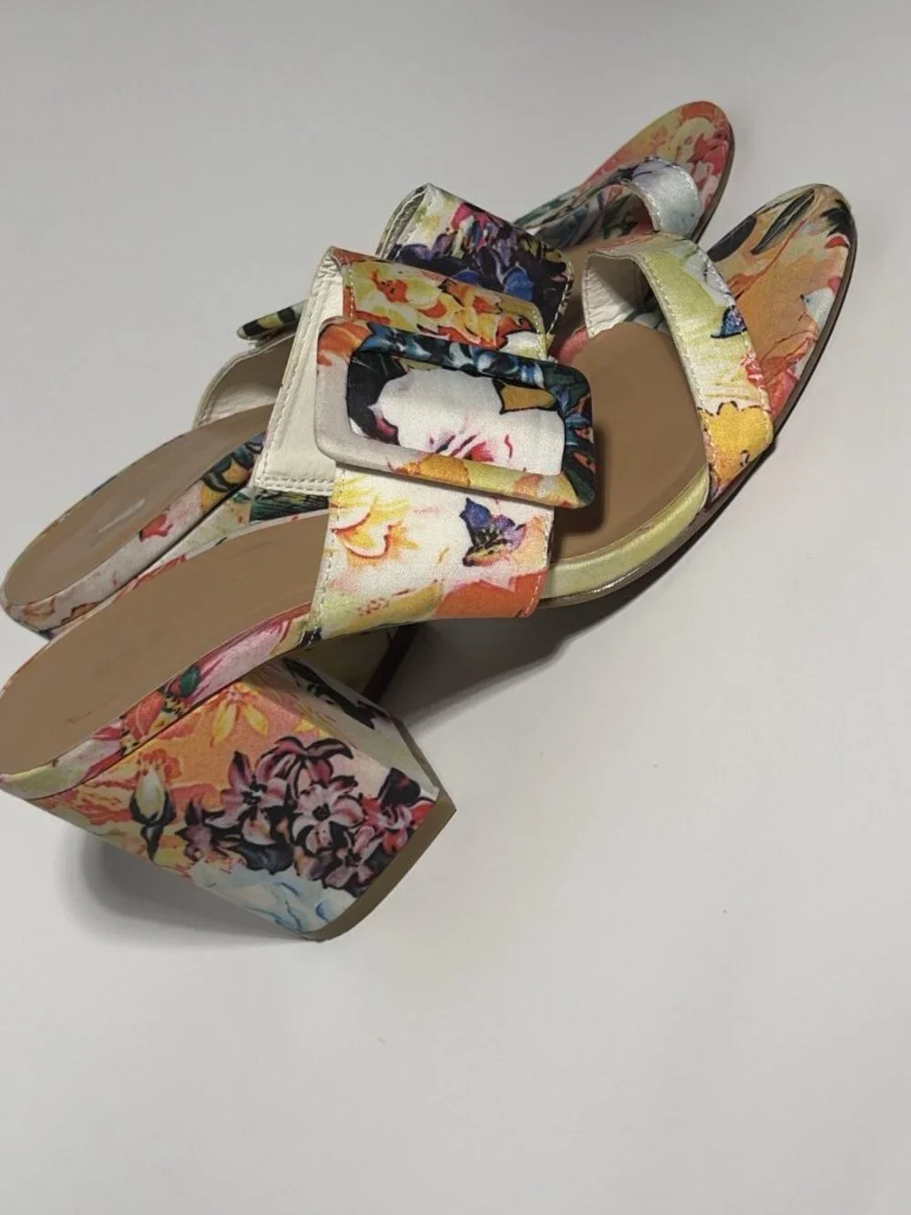 Bamboo Floral Print Buckle Slide Sandals Women’s 7.5 Block Heel Multicolor